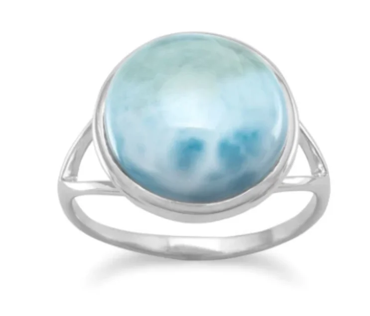 Rings with lotus flower engravings for peace -Sterling Silver Round Larimar Ring