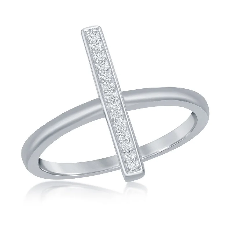 Platinum rings with sparkling sapphire center stones -Sterling Silver Single Vertical CZ Bar Ring - W-1287