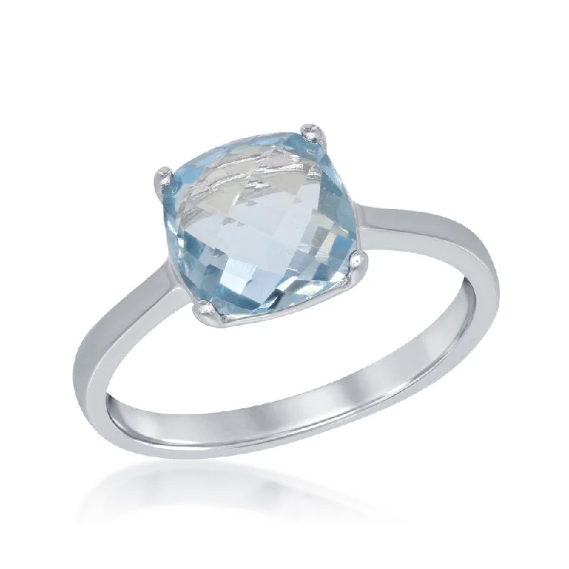 Rings with rough sapphire for rugged chic -Sterling Silver Square Blue Topaz Ring - W-1356