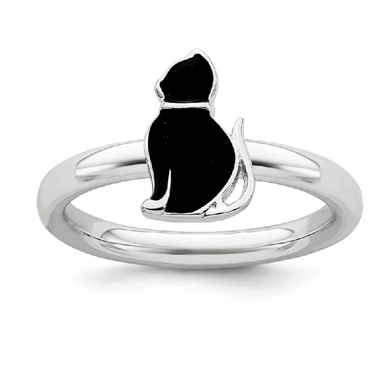 Rings with rough sapphire for rugged chic -Sterling Silver Stackable Expressions Black Enameled Cat Ring | QSK558