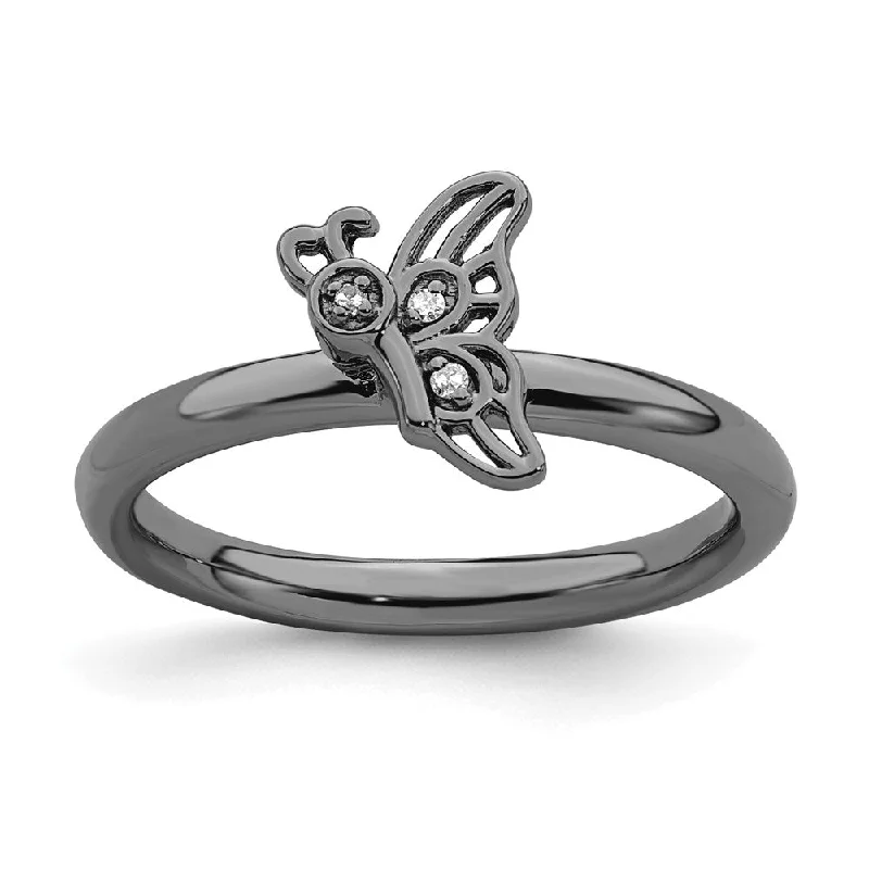 Rings with infinity loops for timeless love -Sterling Silver Stackable Expressions Black-plated Butterfly w/Diamond Ring | QSK1628