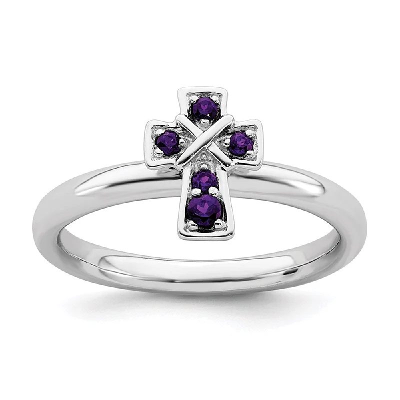 Bold rings with oversized amethyst gemstones -Sterling Silver Stackable Expressions Rhodium Amethyst Cross Ring | QSK1631