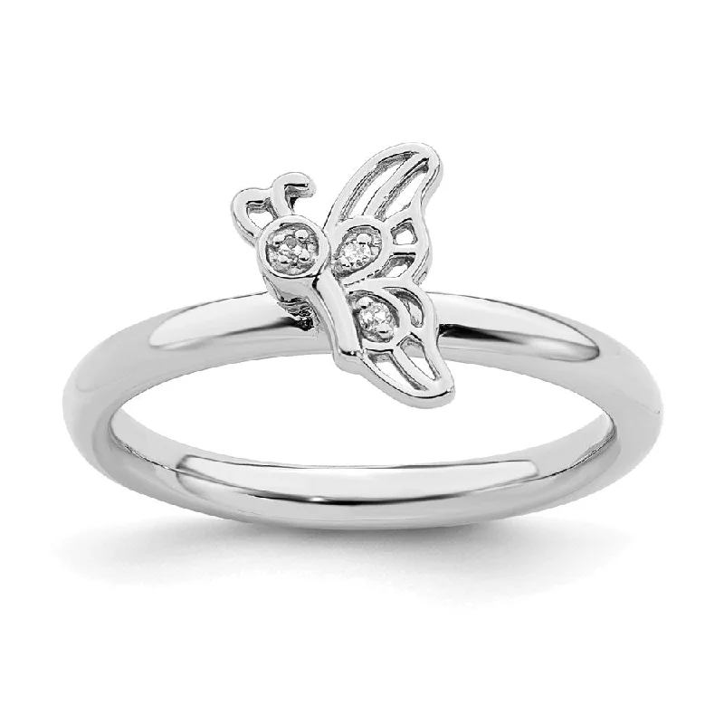 Rings with bold ruby stones for drama -Sterling Silver Stackable Expressions Rhodium Butterfly w/Diamond Ring | QSK1627