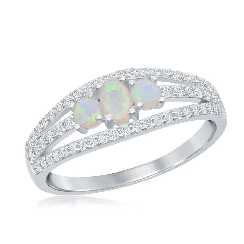 Rings with pave ruby for dazzling sparkle -Sterling Silver Three-Stone White Opal CZ Band Ring - W-2108