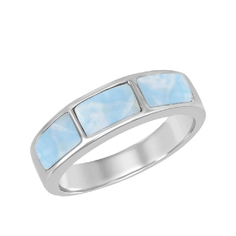 Rings with floral halo diamond arrangements -Sterling Silver Triple Larimar Ring - W-1784