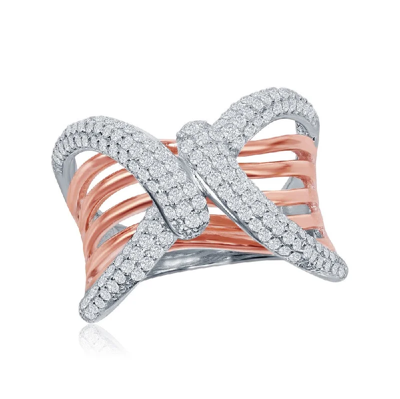 Rose gold rings featuring delicate pearl inlays -Sterling Silver TT Overlapping Wavy Bars Design Ring - W-1867