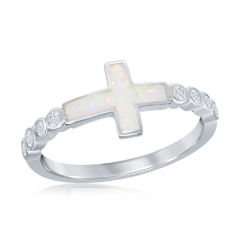 Rings with sunburst citrine for radiant appeal -Sterling Silver White Inlay Opal Cross Half CZ Ring - W-2259