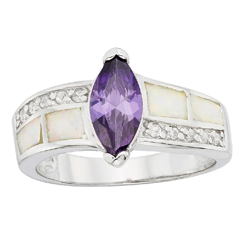 Dainty rings with subtle engraved star motifs -Sterling Silver White Opal and Marquise Purple CZ Ring - W-9961