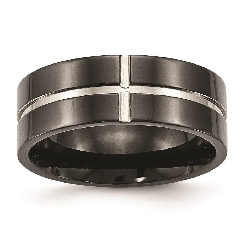 Rings with birthstone clusters for personalization -Titanium Polished Black IP Grooved Comfort Back Ring | TB475