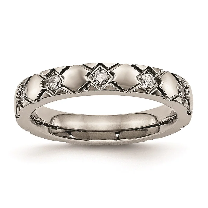 Rings with knot motifs for symbolic love -Titanium Polished Criss Cross Grooved CZ Ring | TB485