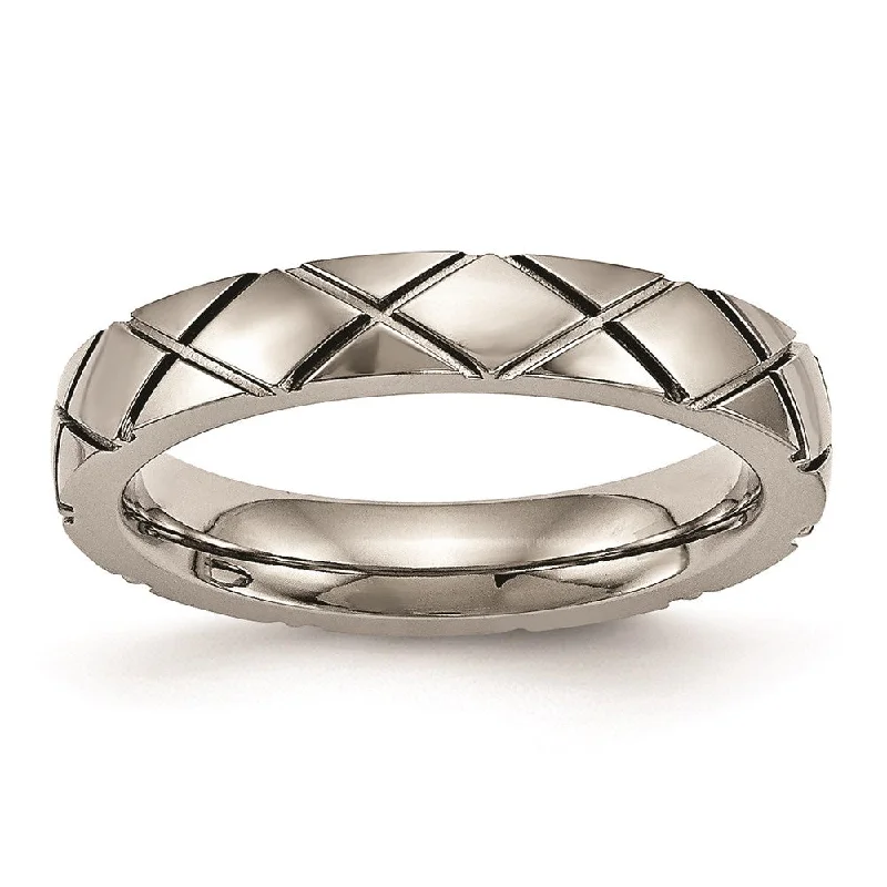 Rings with wave patterns for ocean vibes -Titanium Polished Criss Cross Grooved Ring | TB484