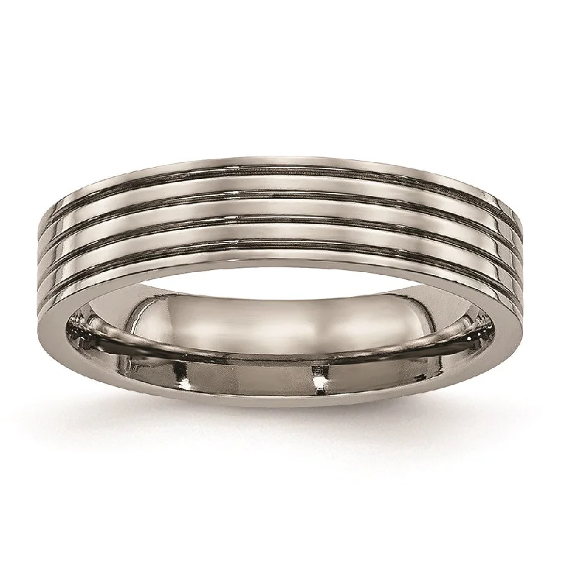 Rings with birthstone clusters for personalization -Titanium Polished Grooved Comfort Back Ring | TB473