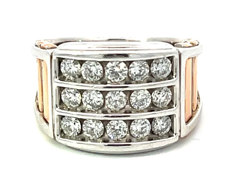 Platinum rings with sparkling sapphire center stones -Two Toned 3 Diamond Row Ring in 14k White and Rose Gold