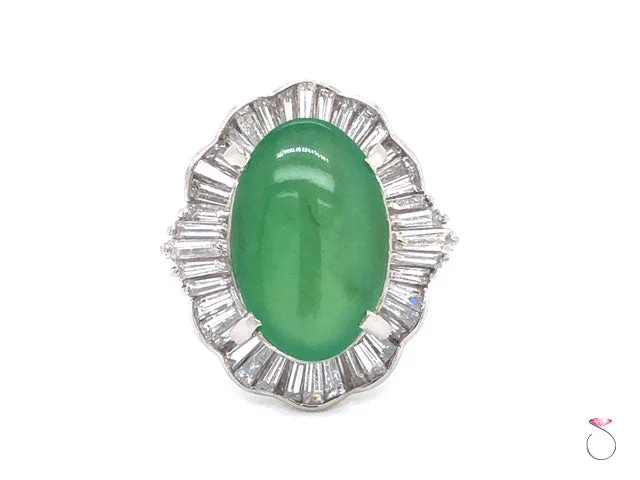 Rings with channel-set turquoise for color -Vintage Grade A Apple Green Jadeite Jade Ballerina Diamond Ring, GIA Jade Report