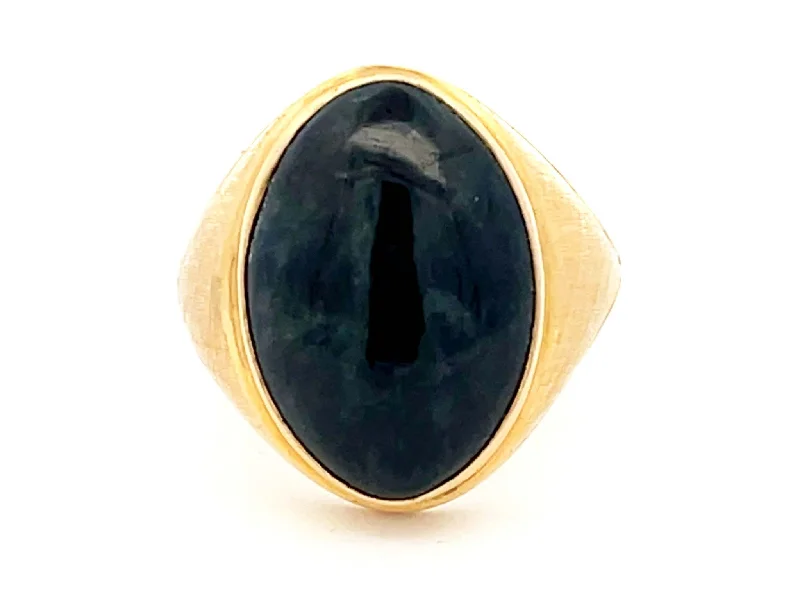 Rings with faceted garnet for deep shine -Vintage Men's Large Black Mottled Jade Ring in 14k Yellow Gold