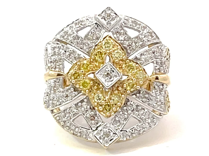 Rings with tiger eye bands for warmth -White and Yellow Diamond Geometric Design Ring in 14k Yellow Gold